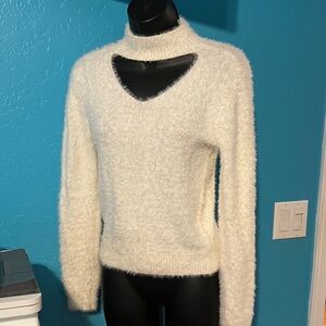 Derek Heart Cream Fuzzy Cutout Turtleneck Sweater